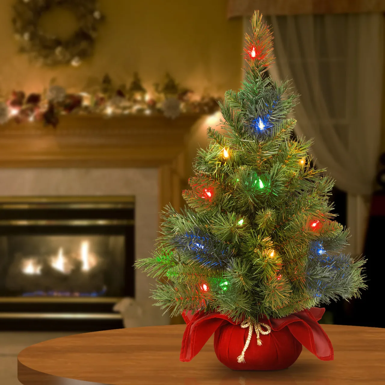 Online National Tree Company 2 ft. Pre-Lit Majestic Fir Tree with Multicolor LED Lights, Red Base
