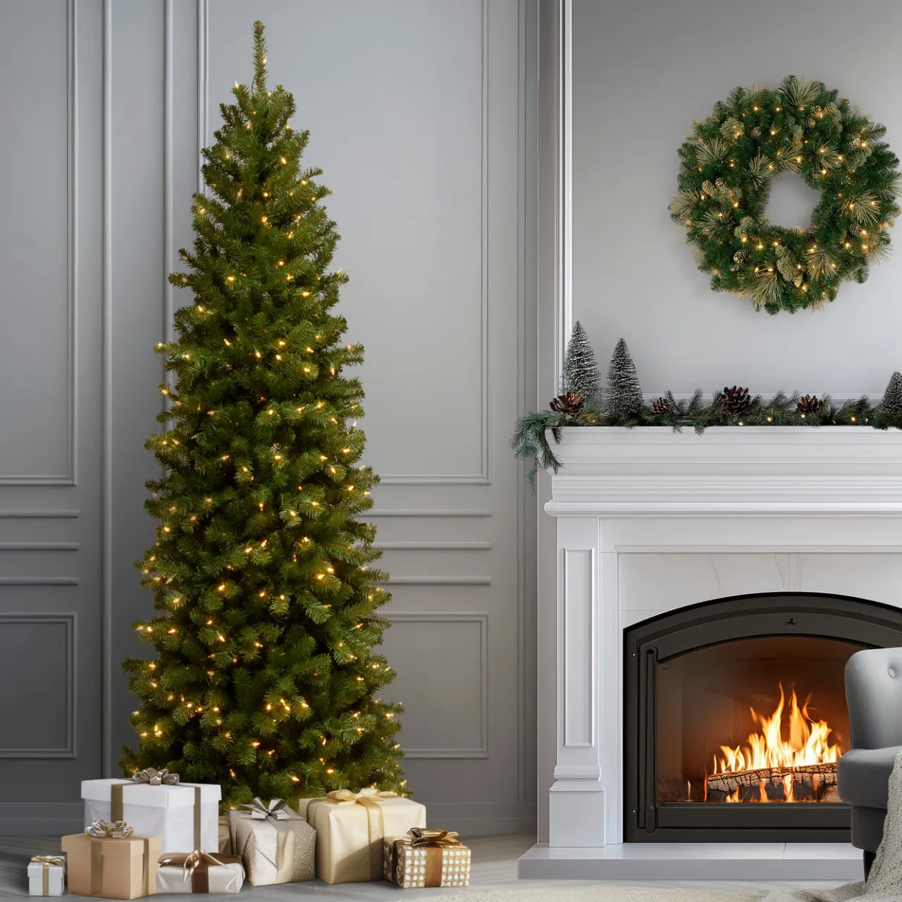Sale National Tree Company 6.5 ft. Pre-Lit North Valley Spruce Pencil Slim Tree with Clear Lights