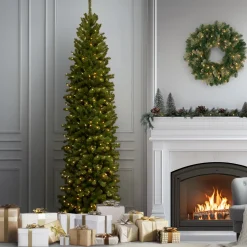 Hot National Tree Company 10 ft. Pre-Lit North Valley Spruce Pencil Slim Tree with Clear Lights
