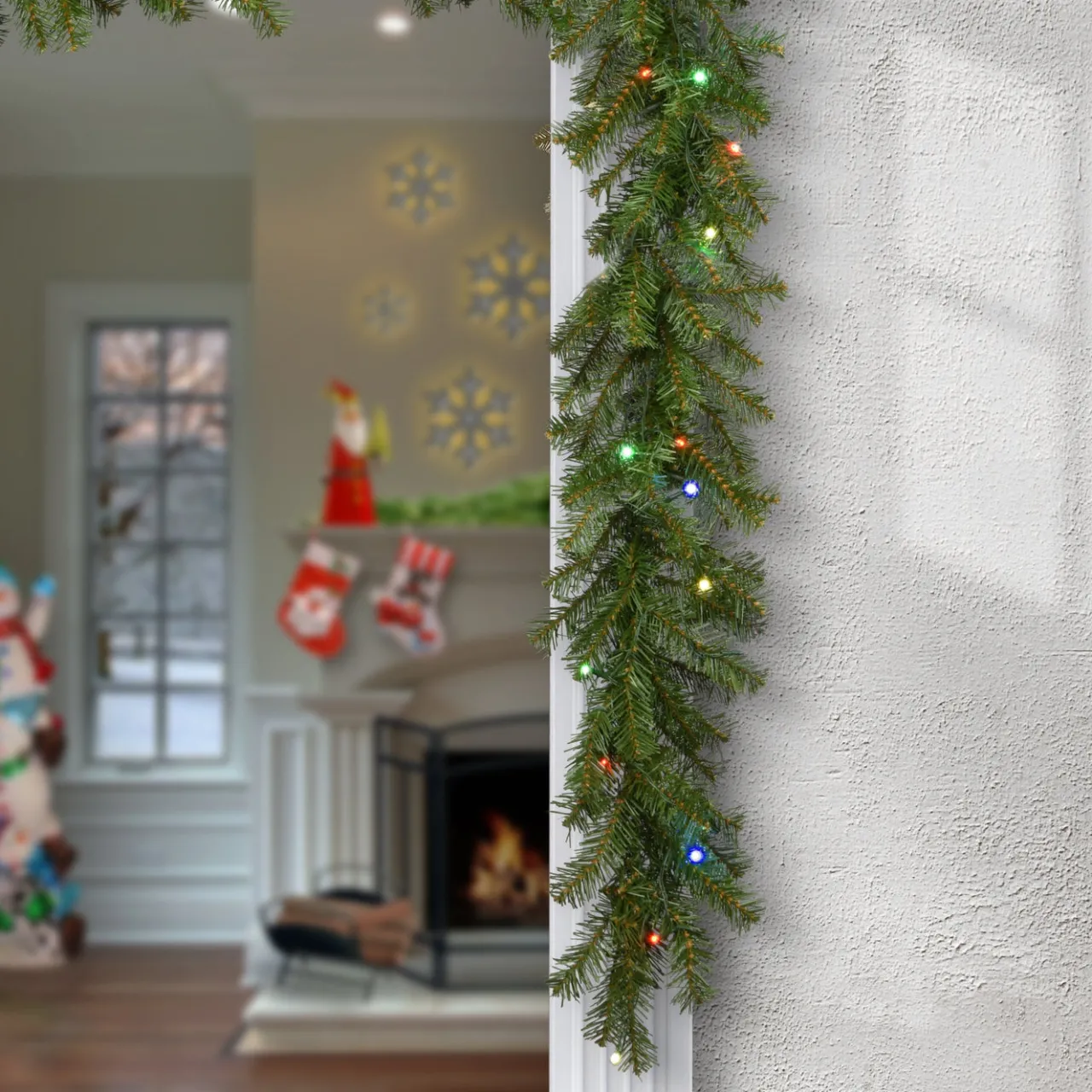 Online National Tree Company 9 ft. Pre-Lit Norwood Fir Garland with Battery Operated Multicolor LED Lights