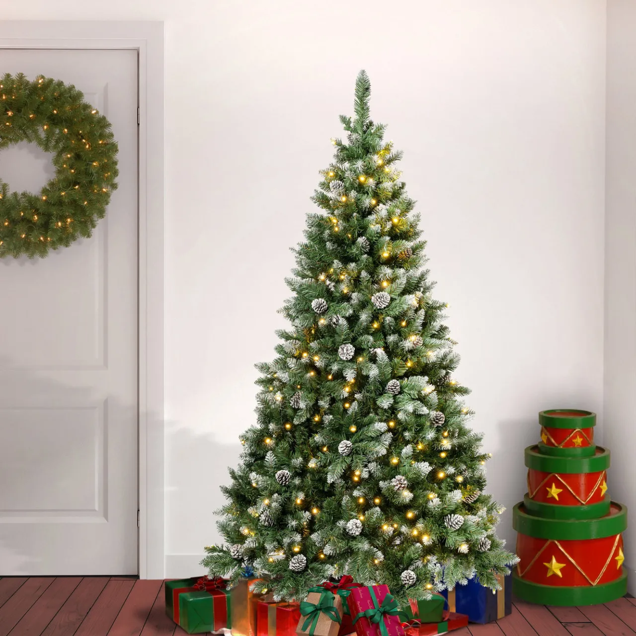 Sale National Tree Company 6 ft. Pre-Lit Oakley Hills Snow Tree with Warm White LED Lights