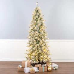 Best National Tree Company 7.5 ft. Pre-Lit Snowy Bottle Brush Slim Tree with Clear Lights
