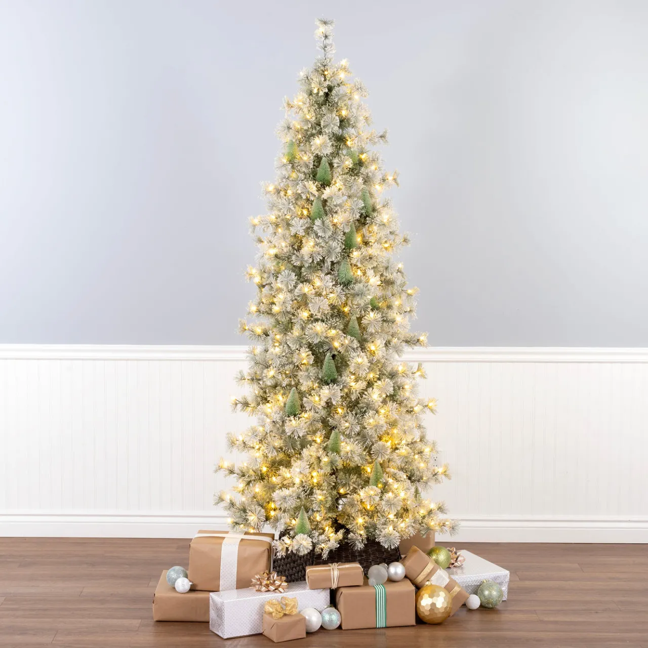 Best National Tree Company 7.5 ft. Pre-Lit Snowy Bottle Brush Slim Tree with Clear Lights