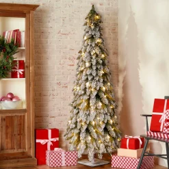 National Tree Company 5 ft. Pre-Lit Snowy Downswept Forest Slim Tree with Clear Lights
