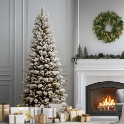 New National Tree Company 7.5 ft. Pre-Lit Snowy Westwood Pine Slim Tree with Clear Lights