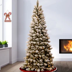 New National Tree Company 7.5 ft. Pre-Lit Snowy Westwood Pine Slim Tree with Clear Lights