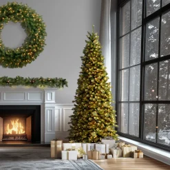 Clearance National Tree Company 9 ft. Pre-Lit Tiffany Fir Slim Tree with Clear Lights - PVC Branch Tips