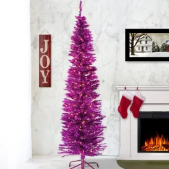 Clearance National Tree Company 7 ft. Pre-Lit Tinsel Collection Pink Tree with Clear Lights