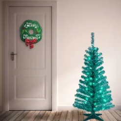 Best National Tree Company 4 ft. Pre-Lit Tinsel Collection Turquoise Tree with Clear Lights