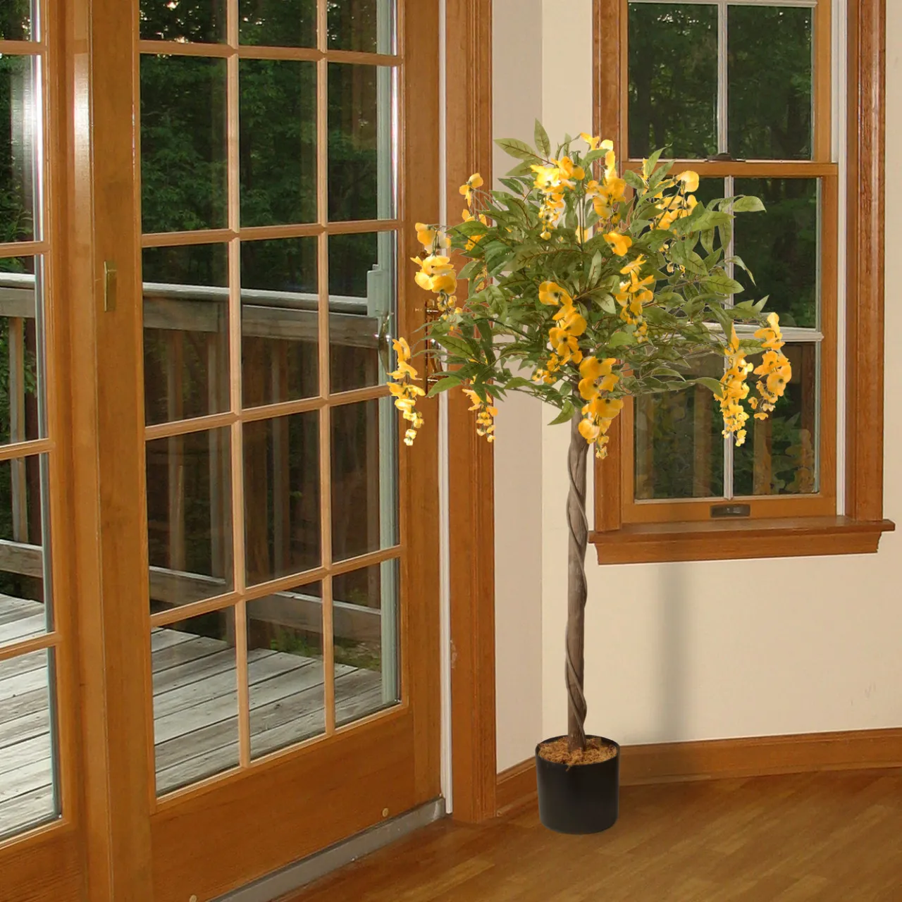 Sale National Tree Company 4 ft. Spring Wisteria Potted Tree with Yellow Flower Blooms in a Black Pot Base