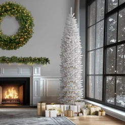 Outlet National Tree Company 12 ft.Pre-Lit Kingswood Fir White Pencil Slim Tree with Clear Lights