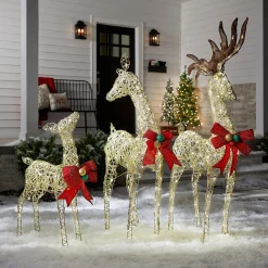 Best National Tree Company 60 in., 52 in. and 36 in. Champagne Glitter Deer Family with 370 Warm White LED Lights