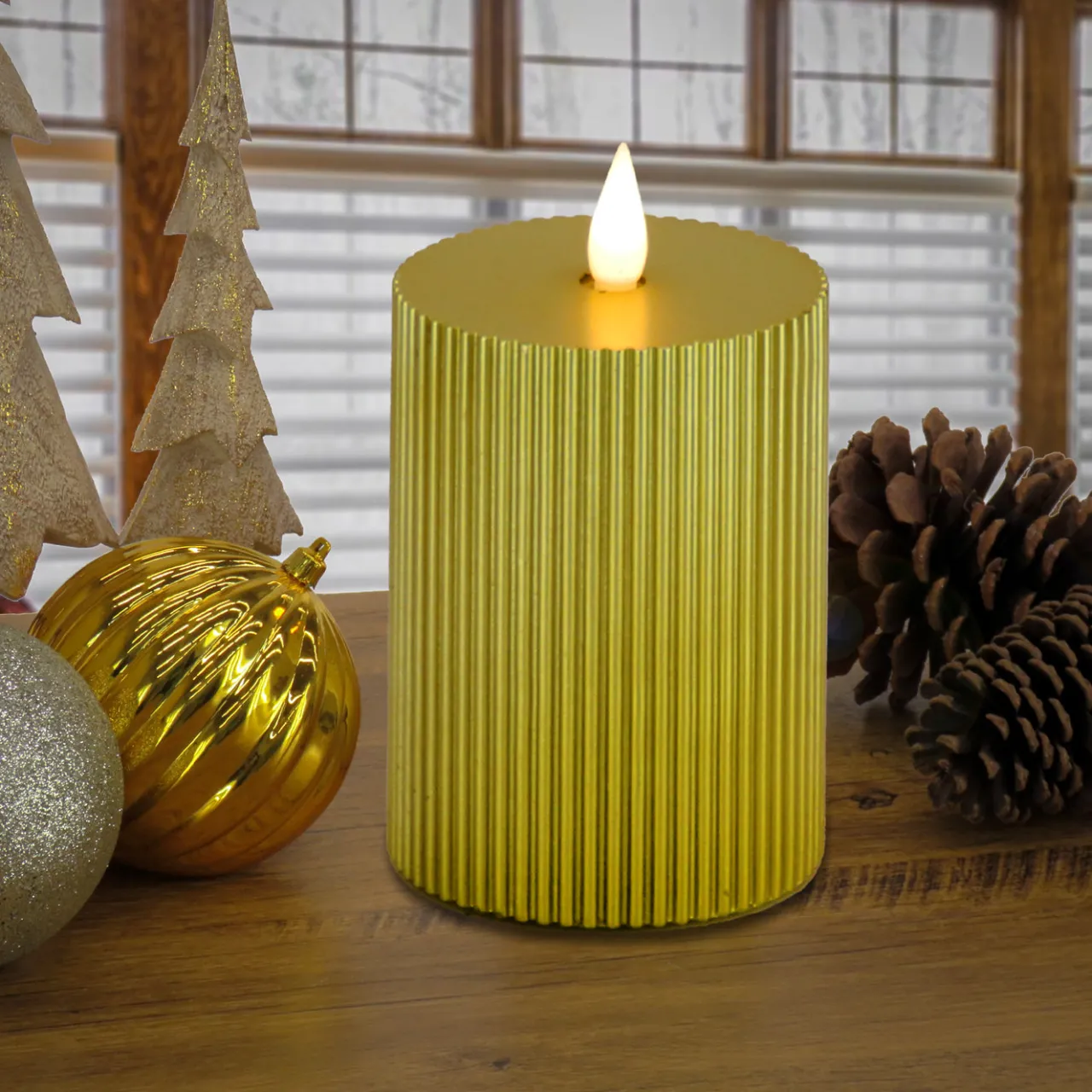 New National Tree Company 5 in. by 9 in. HGTV Home Collection Flameless Georgetown Pillar Candle, Gold