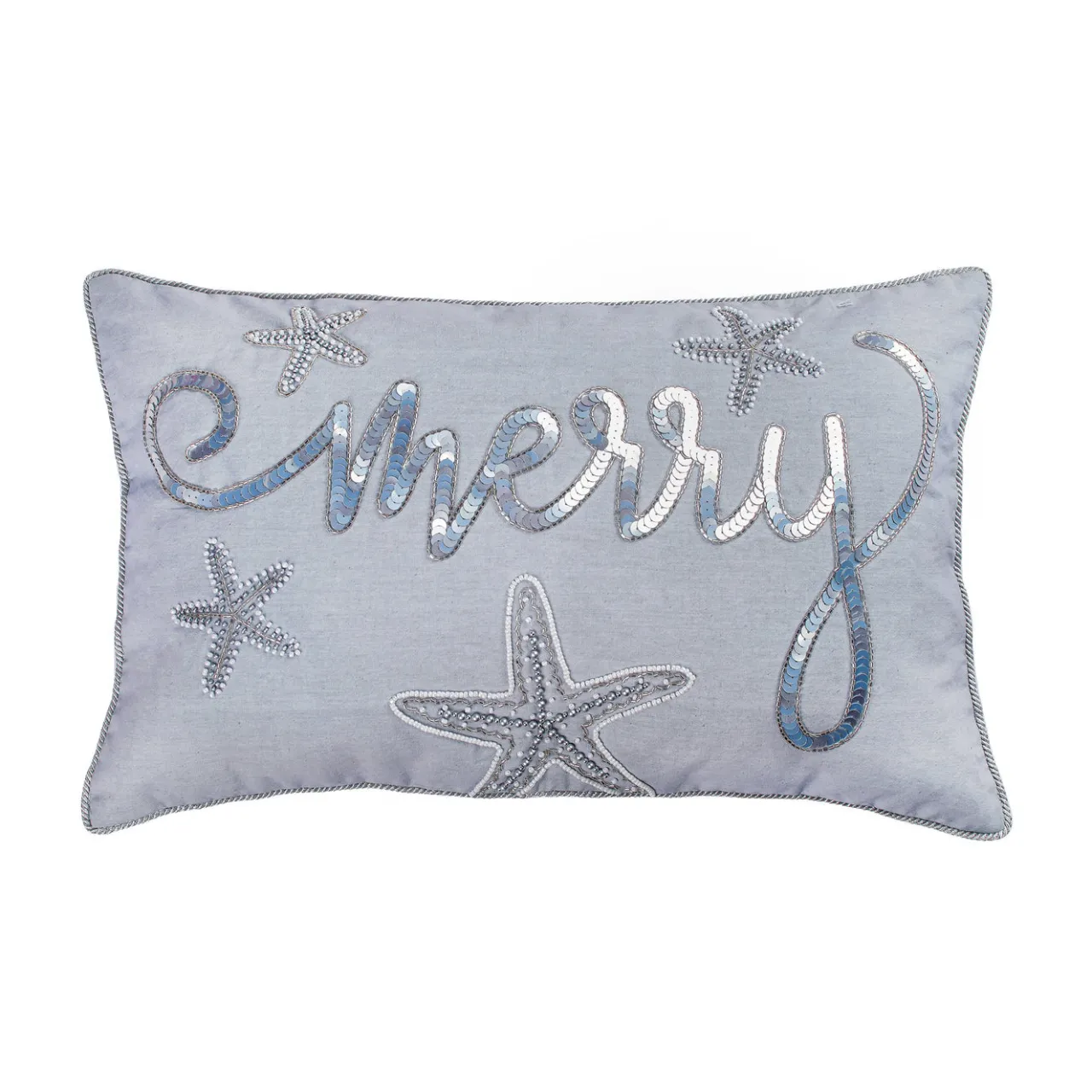 Clearance National Tree Company 14 in by 22 in. Coastal Merry Embroidered Pillow, Blue, Silver