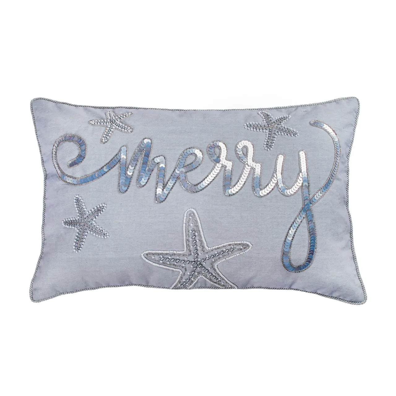 Clearance National Tree Company 14 in by 22 in. Coastal Merry Embroidered Pillow, Blue, Silver