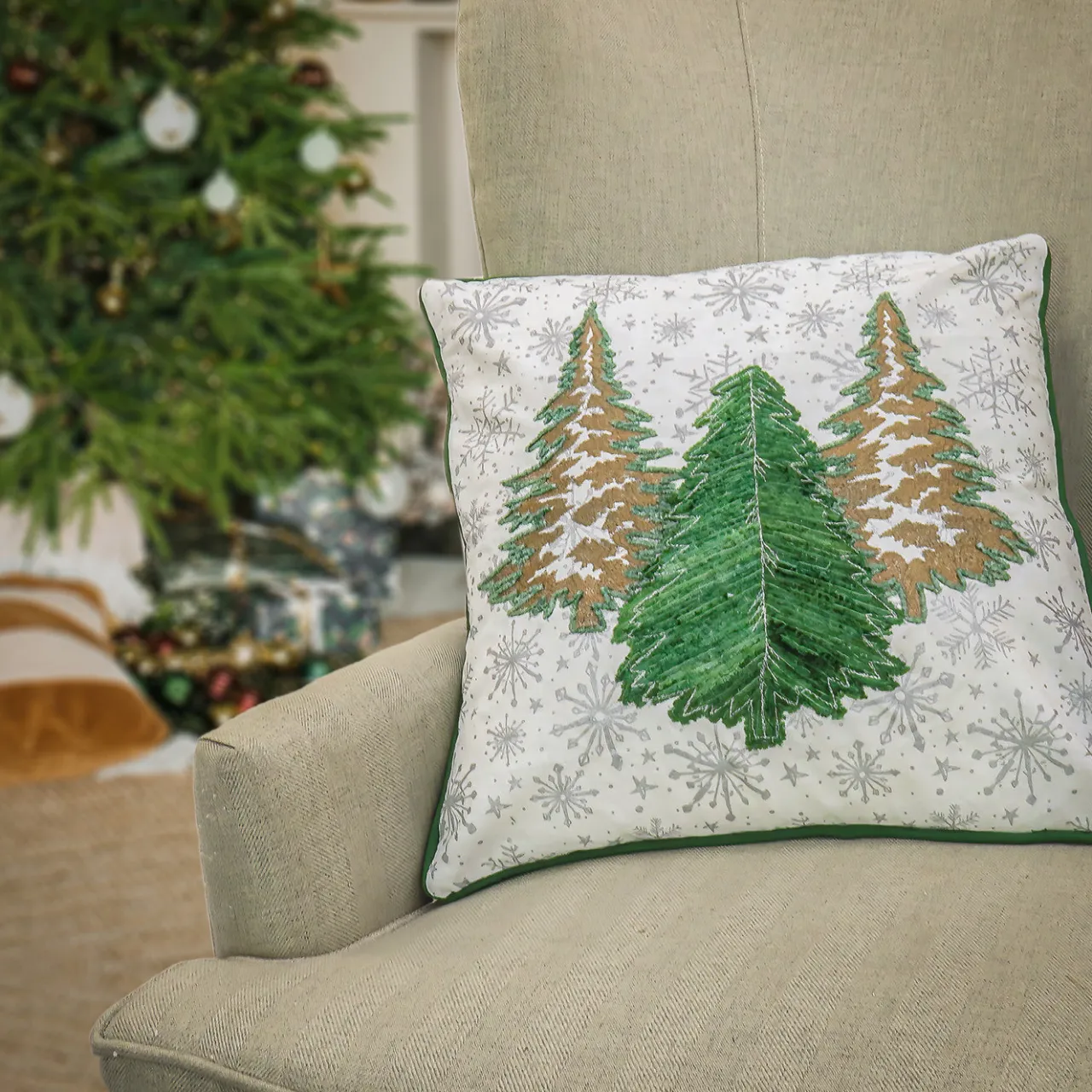 New National Tree Company 18 in. by 18 in. HGTV Home Collection Embroidered Forest Pillow