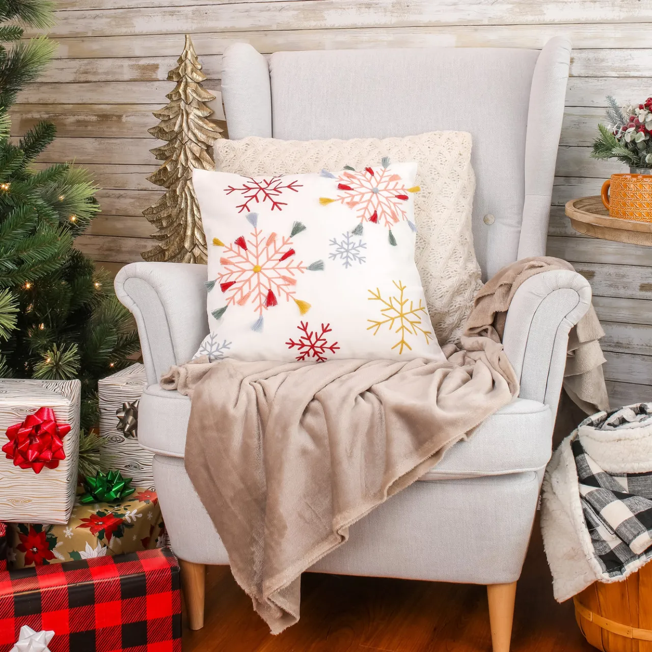New National Tree Company 18 in. by 18 in.Velvet Snowflake Embroidery Pillow