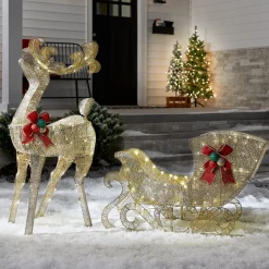 Discount National Tree Company 48 in. Champagne Reindeer Pulling 38 in. Sleigh