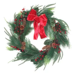 Hot National Tree Company 26 in. Christmas Mixed Pine Wreath with Red Bow