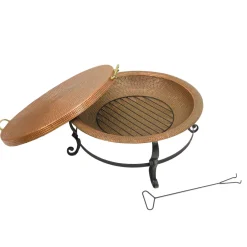 Online National Tree Company 30 in. Copper Finish Hammered Steel Outdoor Fire Pit with Black Stand, Fire Poker and Copper Cover