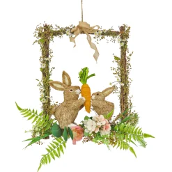 Best National Tree Company 14 in. Easter Bunnies Hanging Wall Decoration Decorated with Two Bunnies, Carrots, Flower Blooms, Leafy Greens