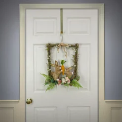 Best National Tree Company 14 in. Easter Bunnies Hanging Wall Decoration Decorated with Two Bunnies, Carrots, Flower Blooms, Leafy Greens