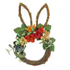 New National Tree Company 17 in. Easter Bunny Shaped Hanging Wreath Decorated with Colorful Flower Blooms, Berry Clusters, Leafy Greens