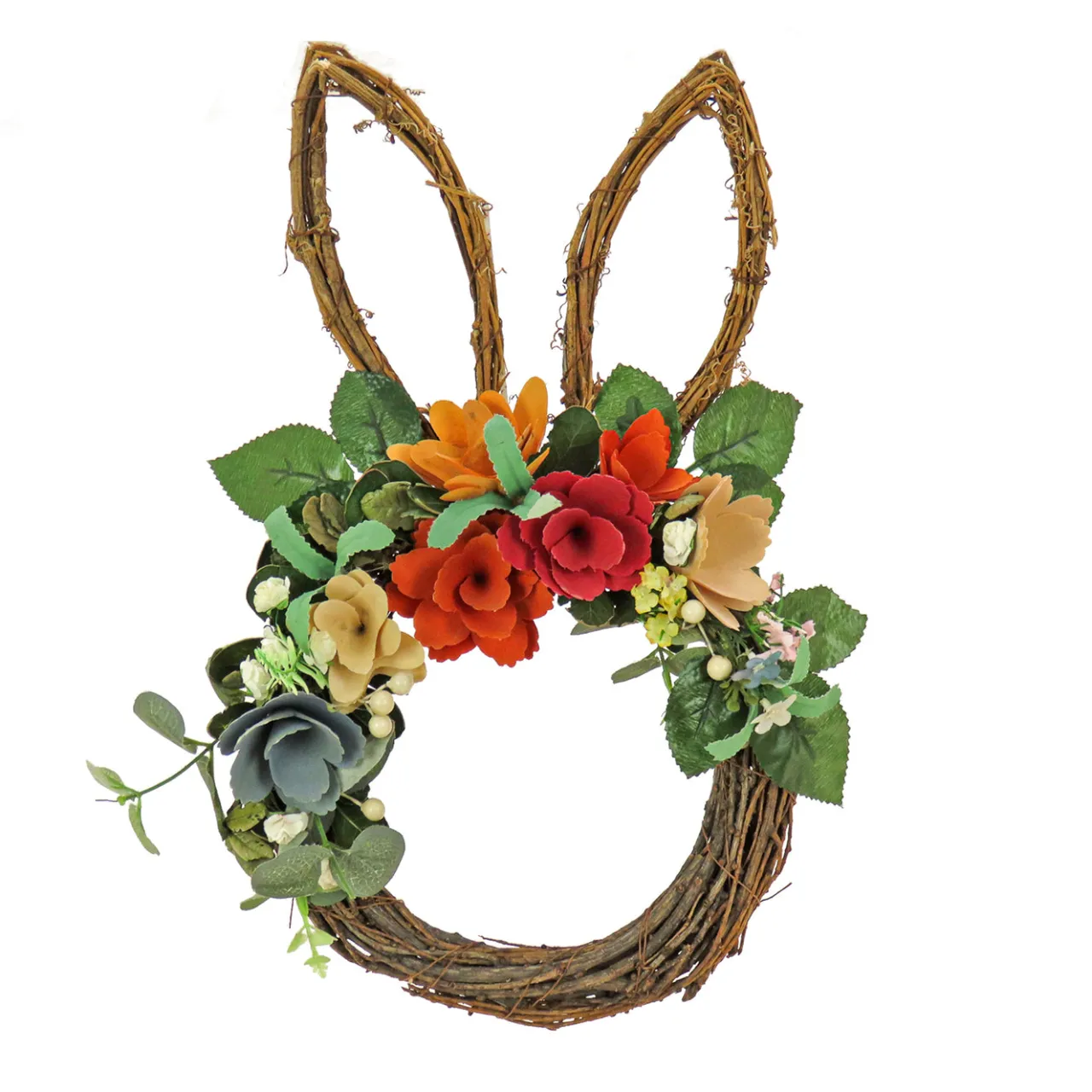 New National Tree Company 17 in. Easter Bunny Shaped Hanging Wreath Decorated with Colorful Flower Blooms, Berry Clusters, Leafy Greens
