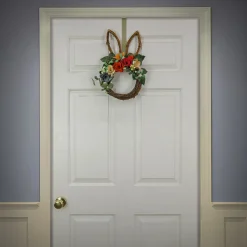 New National Tree Company 17 in. Easter Bunny Shaped Hanging Wreath Decorated with Colorful Flower Blooms, Berry Clusters, Leafy Greens