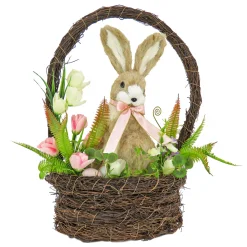 New National Tree Company 17 in. Easter Bunny Sitting in Basket of Flowers Table Decoration