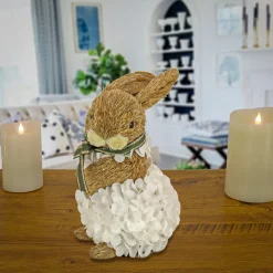 Outlet National Tree Company 10 in. Easter Bunny Table Decoration Decorated with White Flower Blooms Basket