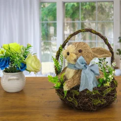 Online National Tree Company 10 in. Easter Bunny with Blue Bow in Floral Basket Table Decoration
