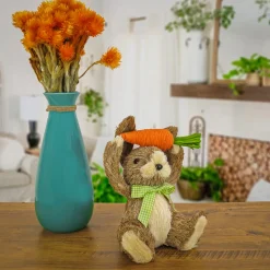 New National Tree Company 9 in. Easter Bunny with Carrot Table Decoration Decorated with Checkered Green Bow