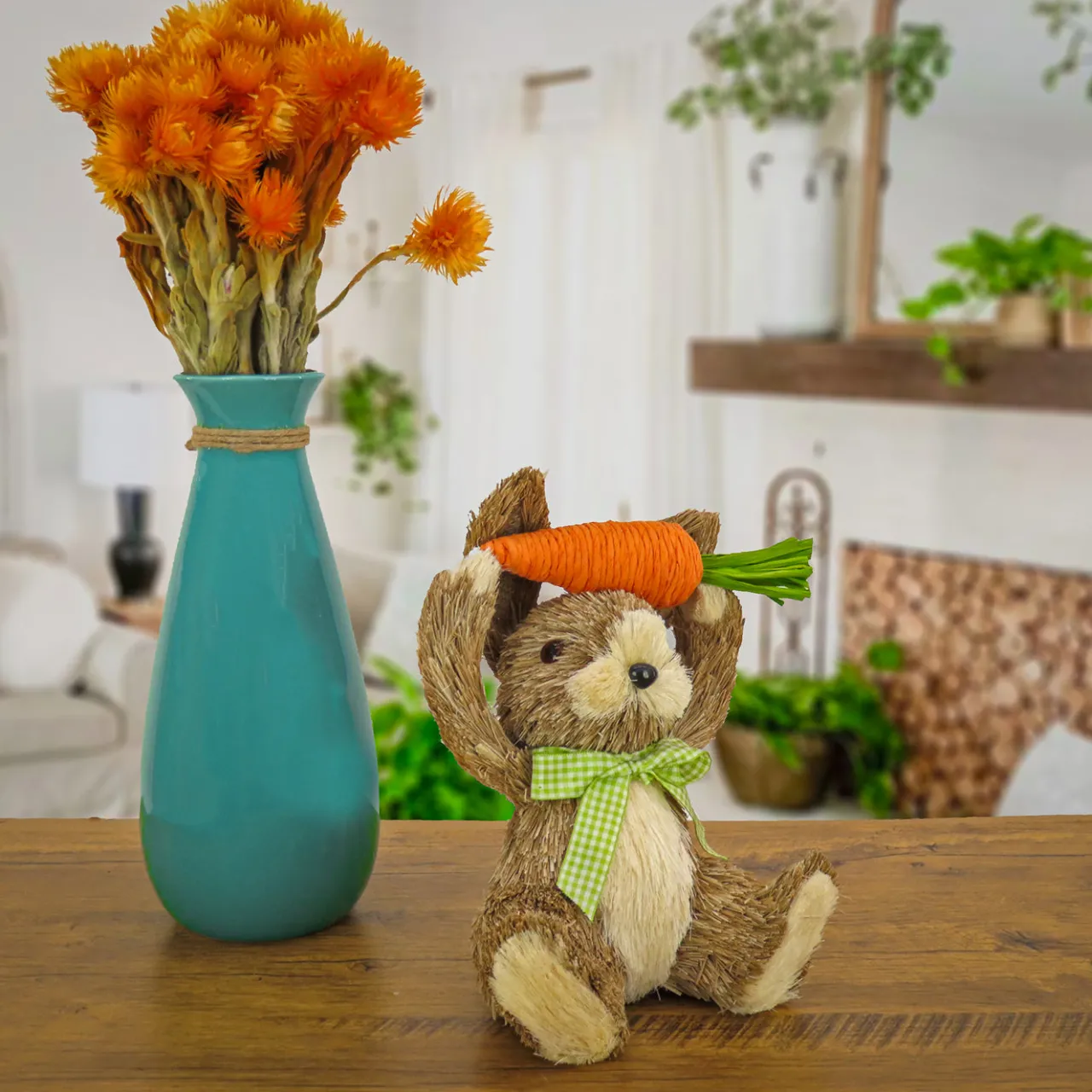 New National Tree Company 9 in. Easter Bunny with Carrot Table Decoration Decorated with Checkered Green Bow