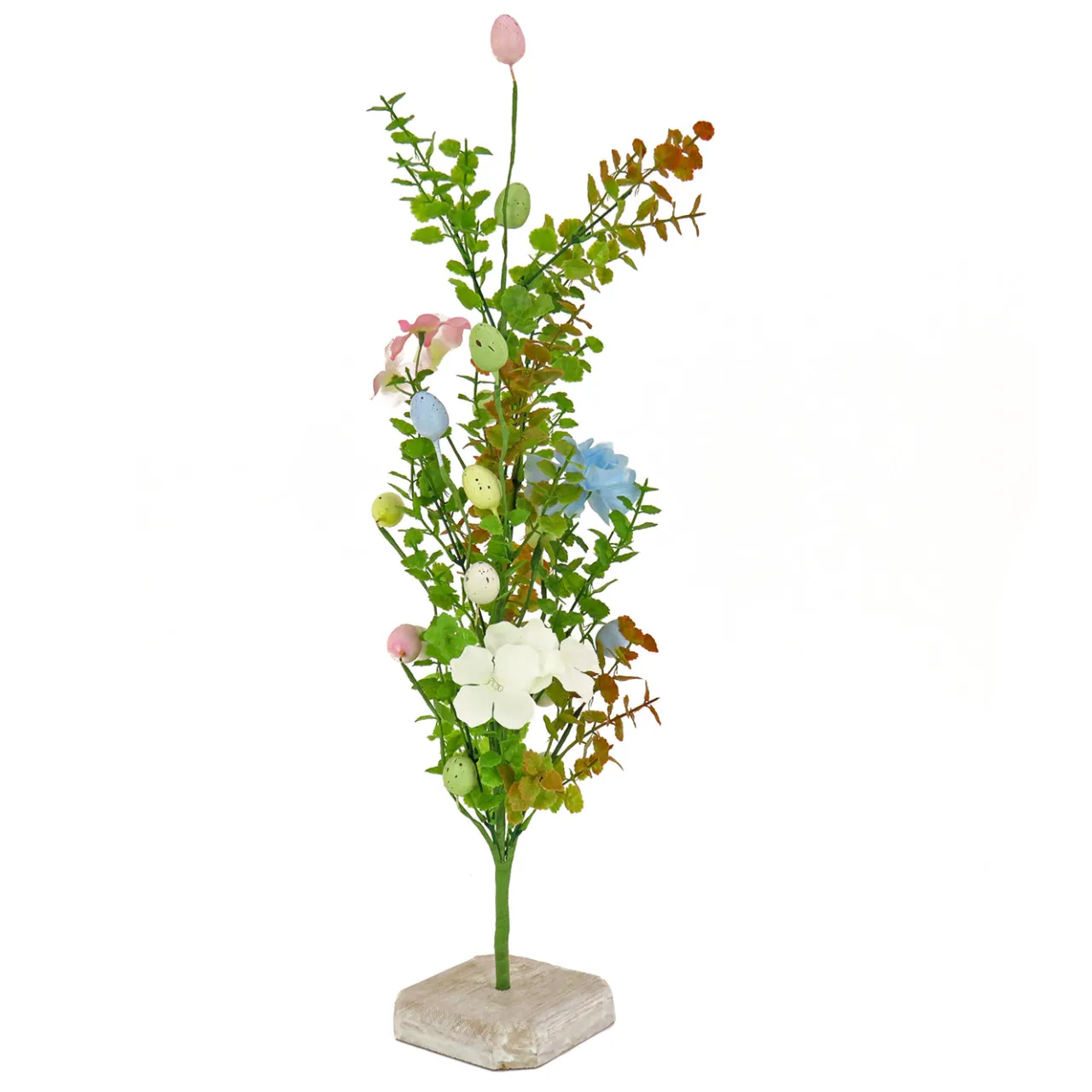 Hot National Tree Company 24 in. Easter Decorative Tree Decorated with Pastel Eggs and Flower Blooms, and Wooden Block Base