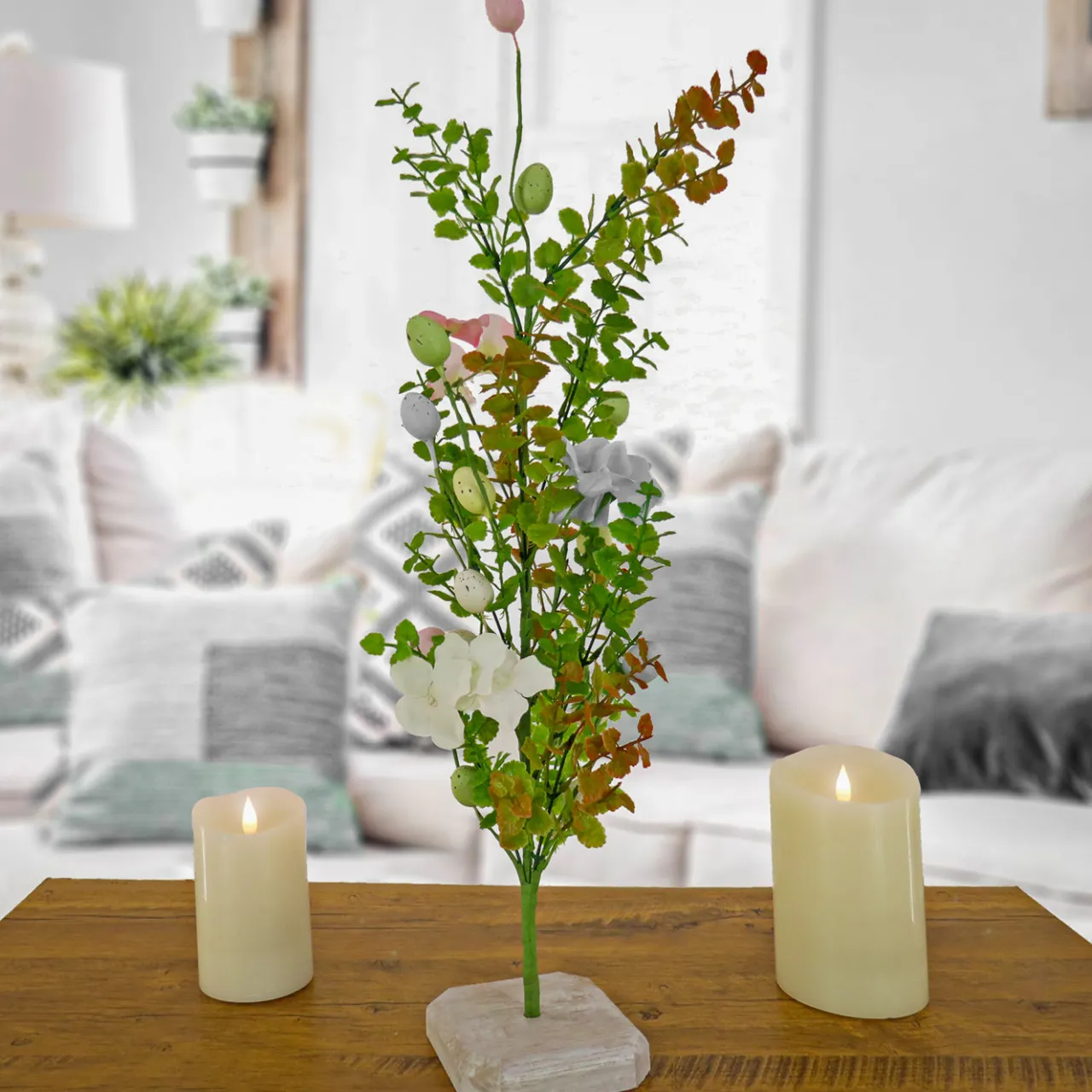 Hot National Tree Company 24 in. Easter Decorative Tree Decorated with Pastel Eggs and Flower Blooms, and Wooden Block Base