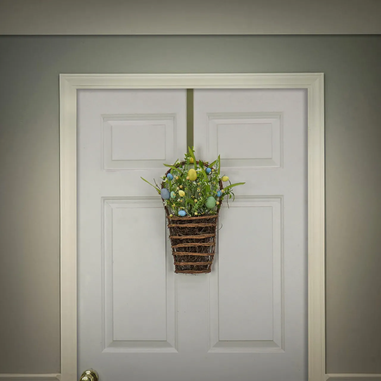 Clearance National Tree Company 18 in. Easter Hanging Wall Basket Decorated with Pastel Eggs and Spring Flowers
