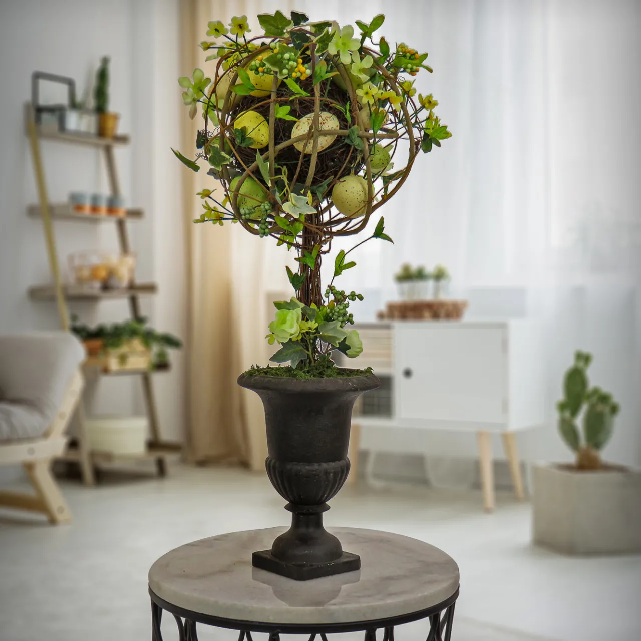 Clearance National Tree Company 26 in. Easter Single Topiary Ball in a Urn Decorated with Pastel Eggs and Flower Blooms