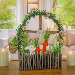 Best National Tree Company 19 in. Easter Window Garden Pane Decoration Decorated with Bunnies, Carrots, Flower Blooms