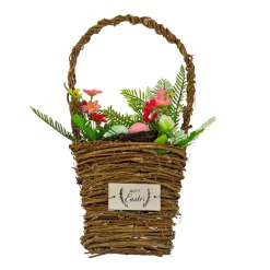 National Tree Company 15 in. Easter Woven Basket Decorated with Colorful Flower Blooms and Leafy Greens