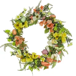 Best National Tree Company 22 in. Easter Wreath Decorated with Colorful Pastel Eggs, Pink and Yellow Flowers, Ferns, Leafy Greens