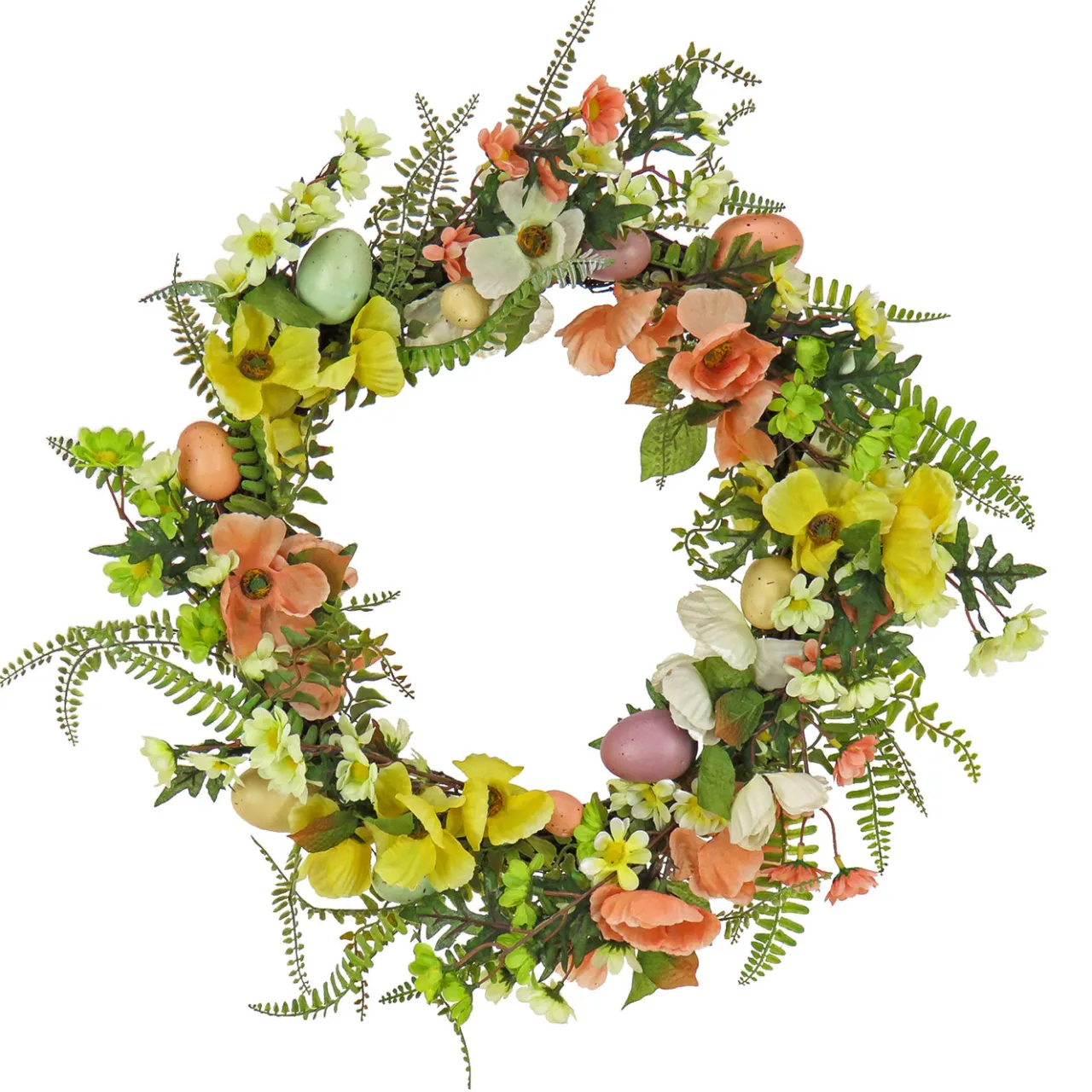 Best National Tree Company 22 in. Easter Wreath Decorated with Colorful Pastel Eggs, Pink and Yellow Flowers, Ferns, Leafy Greens