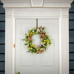 Best National Tree Company 22 in. Easter Wreath Decorated with Colorful Pastel Eggs, Pink and Yellow Flowers, Ferns, Leafy Greens