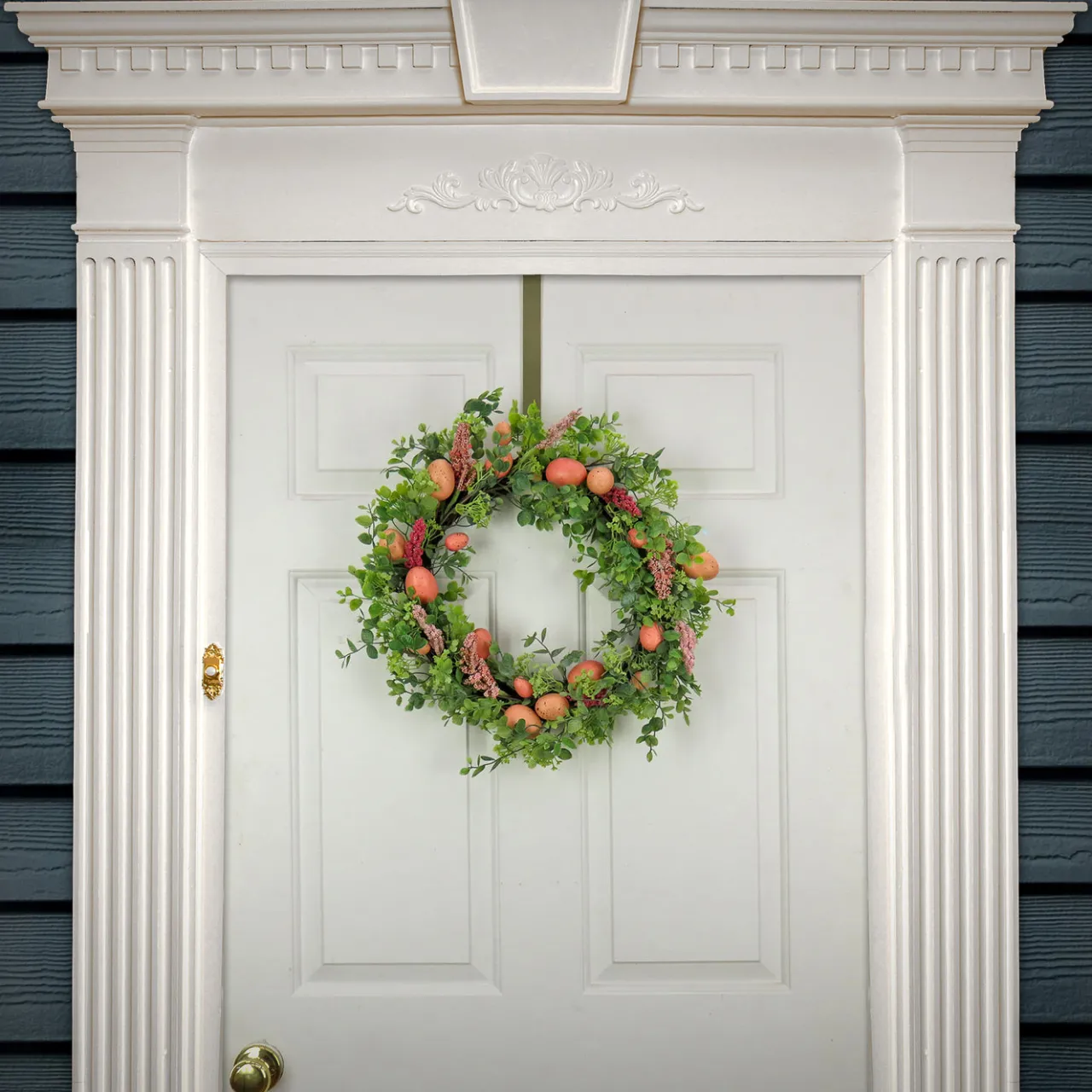 Sale National Tree Company 22 in. Easter Wreath Decorated with Pink Pastel Eggs, Pink Flowers, Leafy Greens