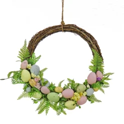 Hot National Tree Company 16 in. Easter Wreath Decorated with Pastel Eggs, Fern Fronds, Flower Blooms