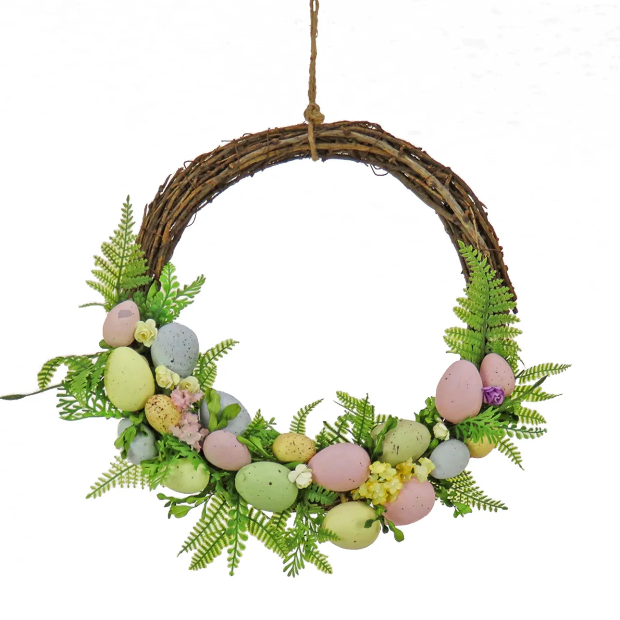 Hot National Tree Company 16 in. Easter Wreath Decorated with Pastel Eggs, Fern Fronds, Flower Blooms