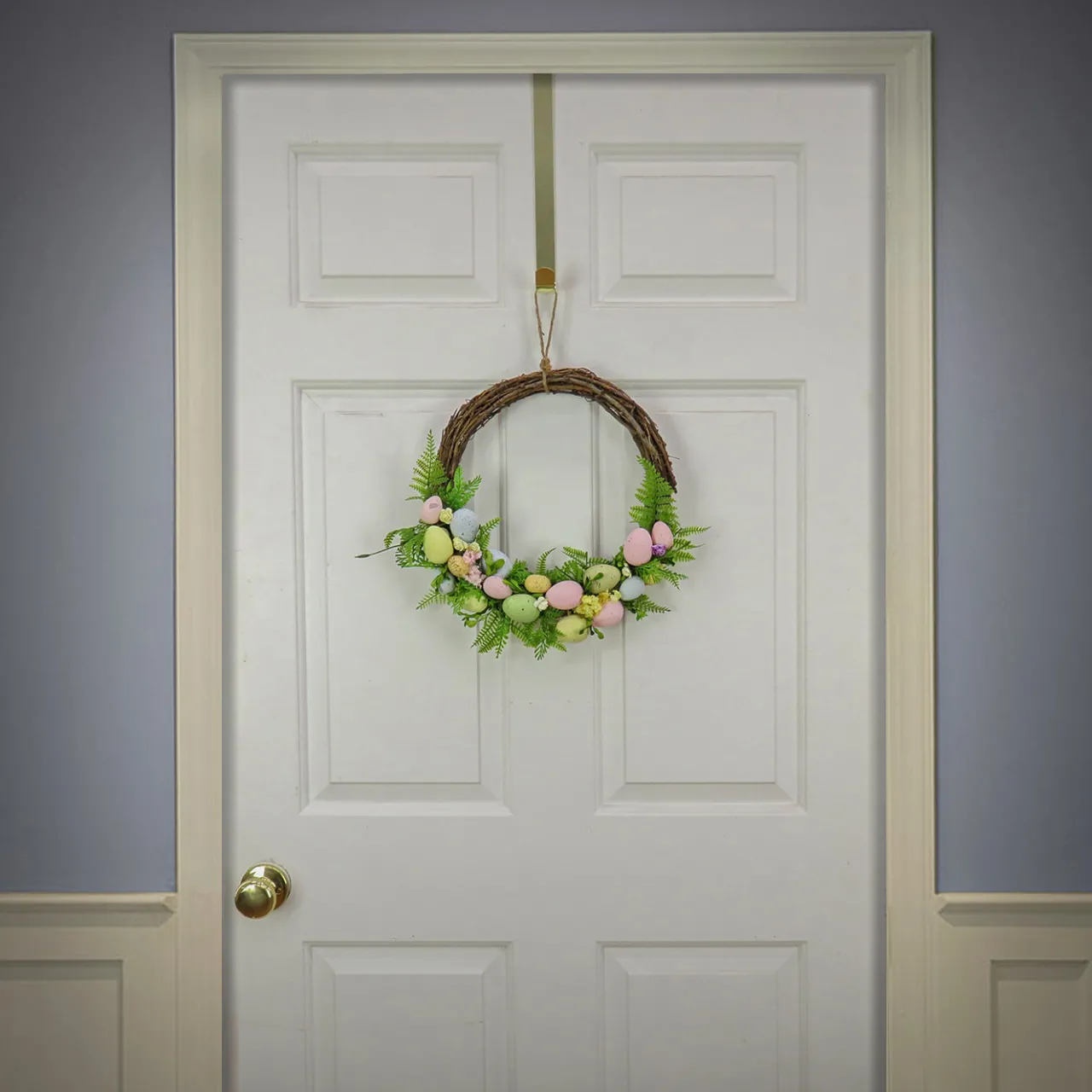 Hot National Tree Company 16 in. Easter Wreath Decorated with Pastel Eggs, Fern Fronds, Flower Blooms