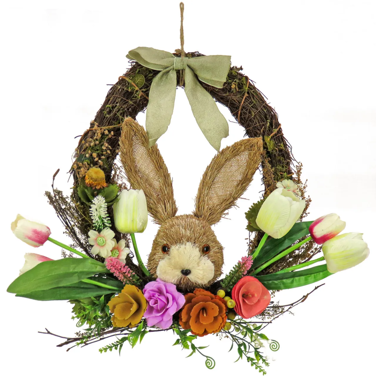 National Tree Company 16 in. Easter Wreath Decorated with Multicolor Flower Blooms, Tulips, Leafy Greens, Bunny Head