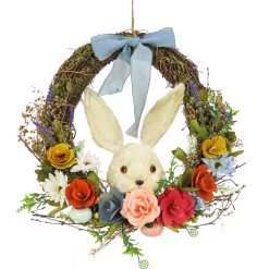 Outlet National Tree Company 16 in. Easter Wreath Decorated with Multicolor Flower Blooms, Leafy Greens, Bunny Head