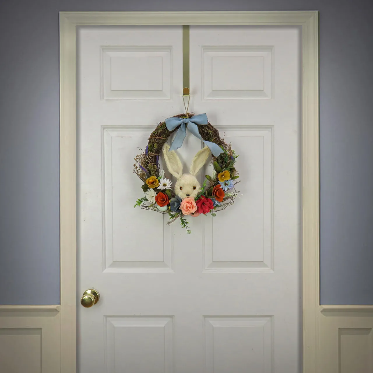 Outlet National Tree Company 16 in. Easter Wreath Decorated with Multicolor Flower Blooms, Leafy Greens, Bunny Head